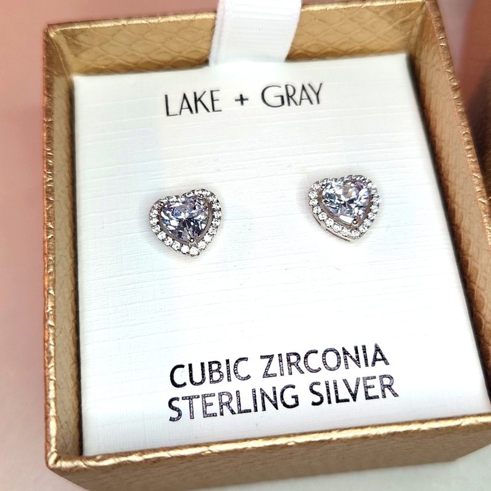 Sterling Silver Cubic Zirconia Heart Stud Earrings by Lake + Gray NWT
